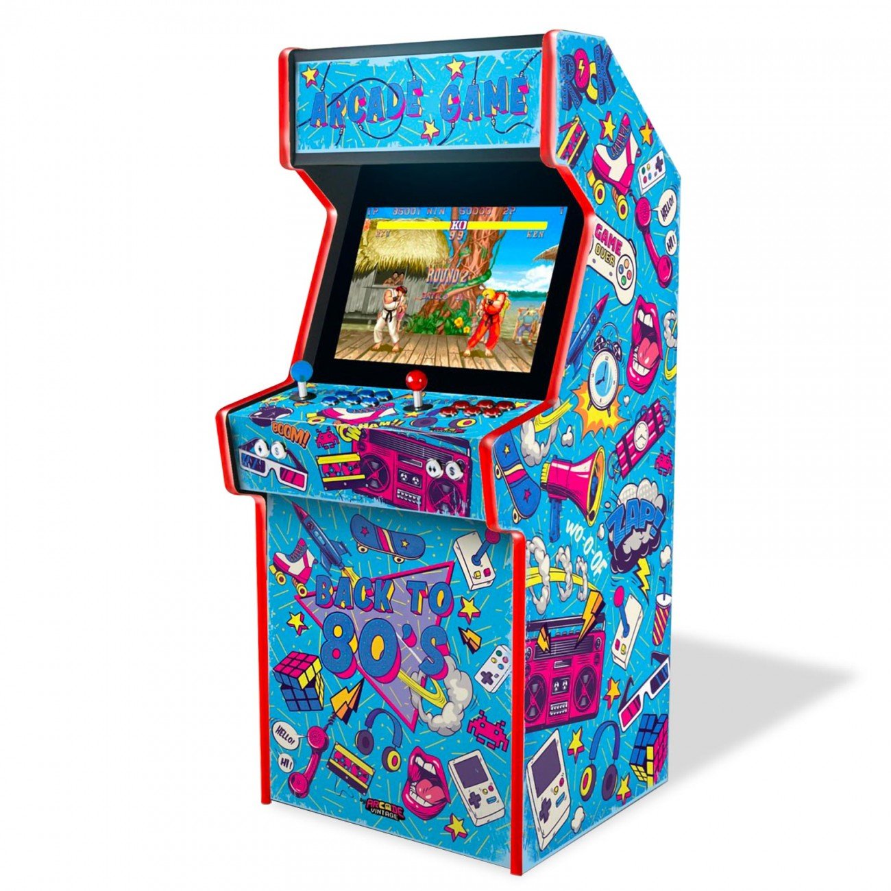 borne-arcade-mini-80s Borne d’arcade mini 80s – Écran 19″, Pandora Box DX Saga (≈3000 jeux), 2 joueurs – Image 1